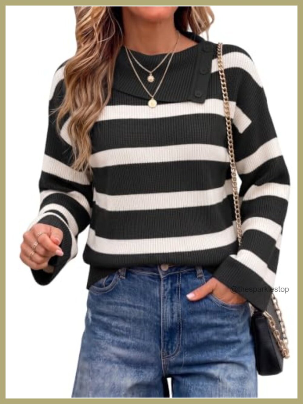 Striped Knit Turtleneck Sweater for Women Bell Sleeve Oversized Fall Winter